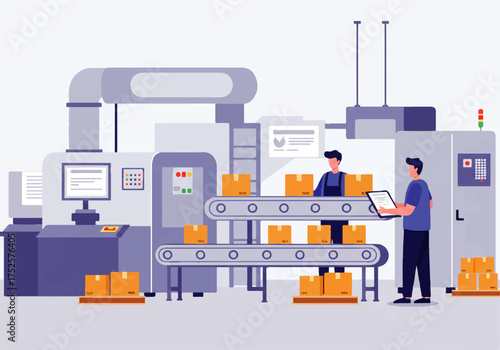 Two workers oversee a modern automated factory line with conveyor belts carrying cardboard boxes, using a tablet for monitoring and control.