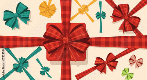 A festive assortment of beautifully tied gift bows and ribbons adorns a light cream background.