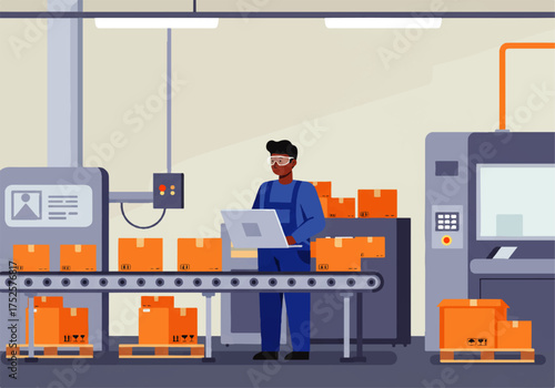 Cartoon illustration of a factory worker using a laptop while overseeing a conveyor belt with boxes in a manufacturing setting.