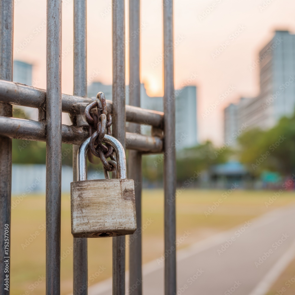 Naklejka premium Professional Locked School Gate with Padlock on Empty Campus Authentic Security Concept for Education Safety and Public Awareness Campaigns