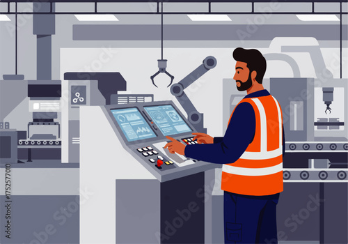 A man in a safety vest operates a control panel with screens and buttons in a factory setting with robotic arms and machinery.