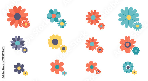 Collection of simple flat illustrated flowers in various colors and arrangements for decoration.