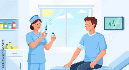 Nurse Preparing Injection for Patient in Hospital Room.