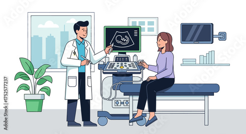 Doctor Explaining Ultrasound to Pregnant Woman in Clinic.