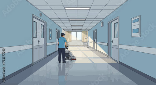 Janitor Cleaning Hospital Hallway with Floor Scrubber Machine.