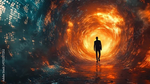 Silhouette of a man walking into a fiery dimensional portal of light.