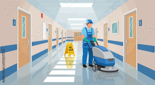 Hospital Cleaner Operates Floor Cleaning Machine in Hallway with Caution Sign.