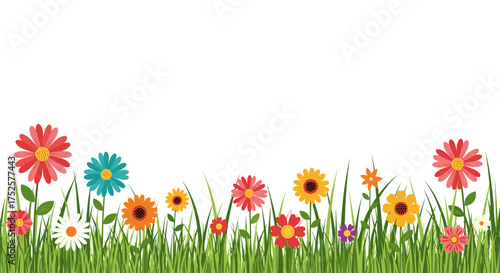 A vibrant field of colorful wildflowers and lush green grass under a bright sky.