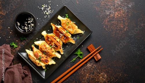 Homemade gyoza, top view. Flat lay, overhead, from above. Closeup. 