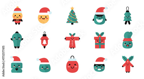 A delightful collection of kawaii Christmas holiday icons featuring festive characters ornaments and gifts.