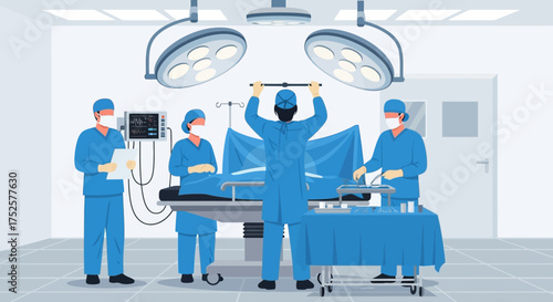 Medical team performing surgery in operating room with surgical lights.