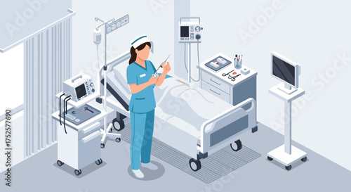 Nurse Preparing Injection in Hospital Room with Medical Equipment.