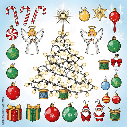Various elements to decorate the Christmas tree, such as string lights, candy canes, angels, and star topper, in a bright and festive vector style