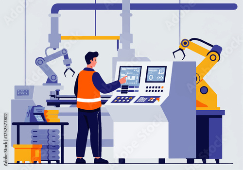 Man in safety vest operates a machine with robotic arms and a control panel in a factory setting, surrounded by pipes and equipment.