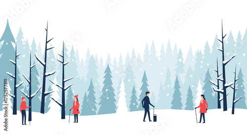 People enjoying a peaceful winter forest walk amidst snowfall and evergreen trees.