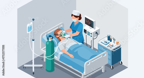 Nurse Attending to Patient in Hospital Bed with Medical Equipment.