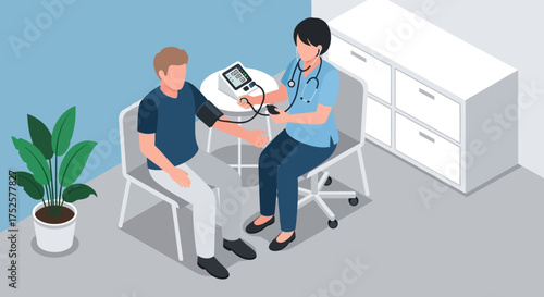 Doctor Checking Patients Blood Pressure in Clinic.