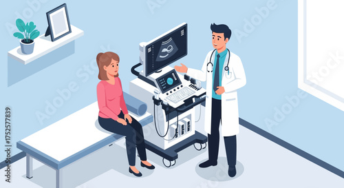 Doctor explaining ultrasound results to patient in examination room.