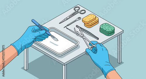 Medical Procedure Preparation - Gloved Hands Arranging Surgical Instruments on Table.