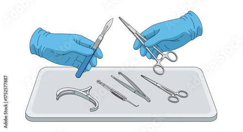 Surgical Instruments and Gloved Hands on Sterile Tray.