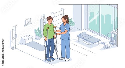 Nurse Assisting Patient with Crutches in Rehabilitation Setting.