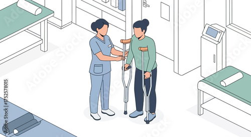 Healthcare Professional Assisting Patient with Crutches in Rehabilitation Setting.