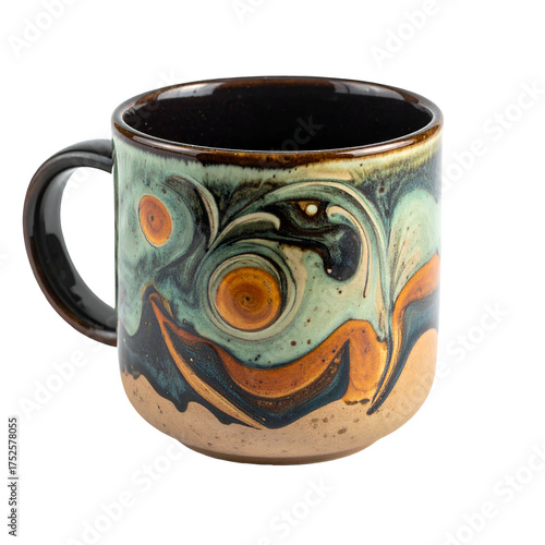 Ceramic mug displays abstract marbled glaze in blue, green, and orange hues.