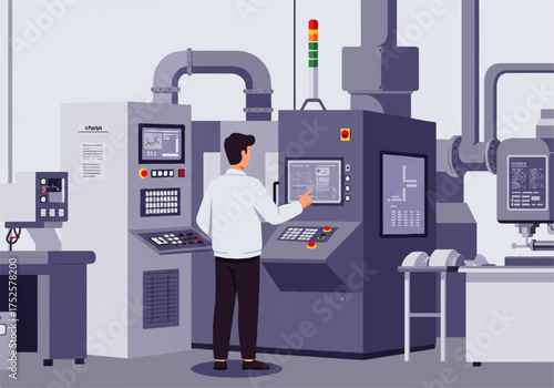 A man in a white shirt operates a large industrial machine with a digital interface in a factory setting.