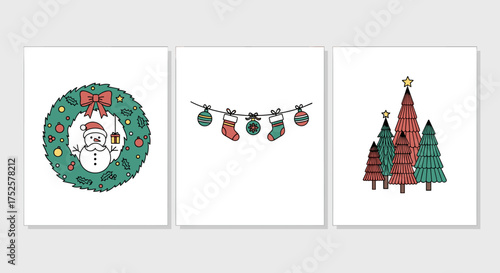 Charming hand drawn pixel art illustrations of festive Christmas decorations and winter trees.