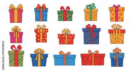 A vibrant collection of gift boxes decorated with colorful patterns and ribbons for festive celebrations.