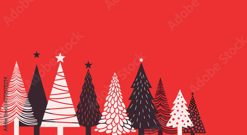 Stylized evergreen trees with star toppers on a bright red background.
