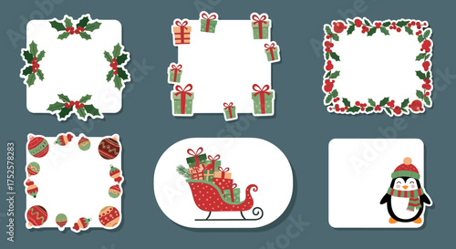 A collection of festive holiday decorations featuring seasonal elements like holly berries and gifts.