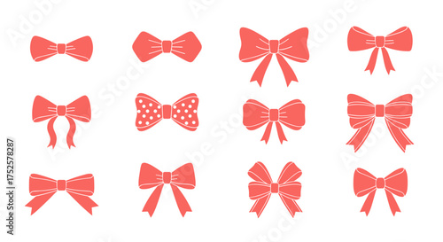 A collection of various coral colored bows with different designs and shapes.