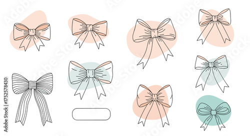 Collection of hand drawn bows in various styles on a white background with abstract shapes.