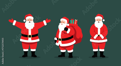 Three charming cartoon santa claus characters with gift bags and presents.