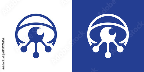 Modern logo combining a globe, eye, and molecular connections, symbolizing global vision, innovation, and intelligent technology. Perfect for science, AI, or tech company branding.