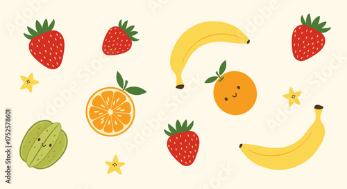 A delightful arrangement of cheerful and colorful cartoon fruits including strawberries bananas oranges and star fruit.