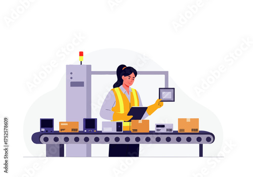 A female factory worker in safety gear inspects boxes on a conveyor belt using a tablet and clipboard, with machinery in the background.