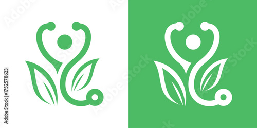 Modern logo combining people, leaf, and stethoscope, symbolizing health, wellness, and natural care. Perfect for medical clinic, healthcare, or wellness brand identity.