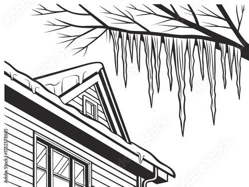 Icy Roof and Icicles Line Drawing