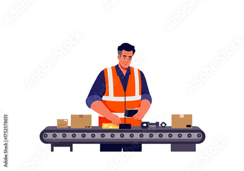 Man in safety vest inspects and scans packages moving along a conveyor belt in a warehouse or factory setting.