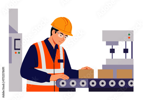 Worker in safety gear oversees cardboard boxes moving along a conveyor belt in a factory setting.