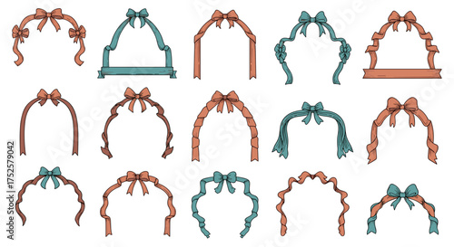 A collection of decorative wedding arches with elegant bows and draped ribbons.