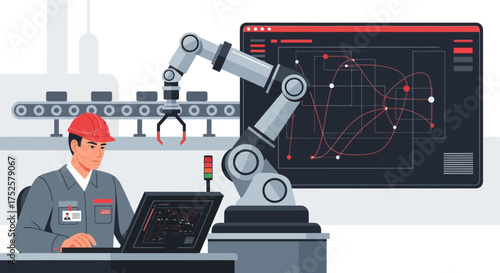 Automation engineer controlling robotic arm in a modern industrial factory setting