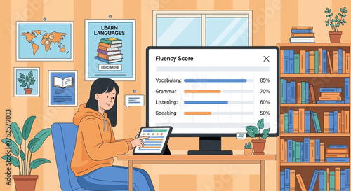 Girl Learning Languages Online and Measuring Fluency with interactive Technology