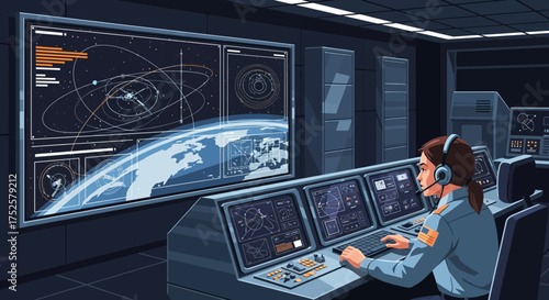 Cartoon illustration of woman working in mission control with advanced tech interface