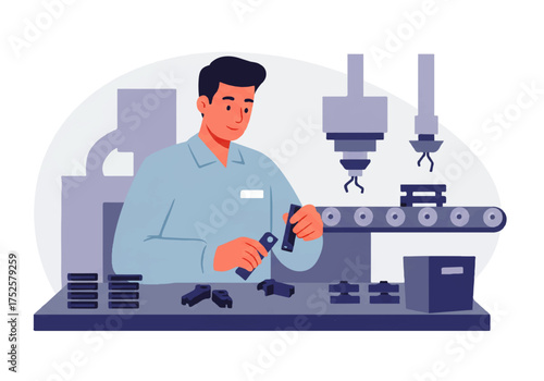 A man in a lab coat inspects parts on a factory assembly line with robotic arms and machinery in the background.