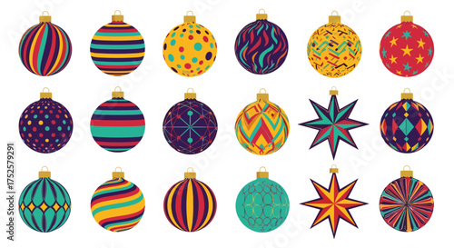 A collection of colorful and patterned christmas ornaments and star decorations in rows.