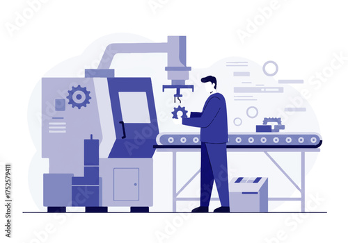 Illustration of a man inspecting a gear being placed on a conveyor belt by a robotic arm connected to a large machine.