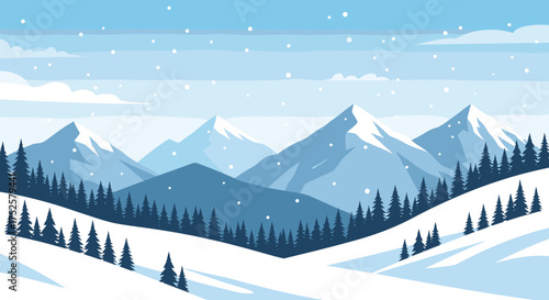 A picturesque winter landscape unfolds with snow-capped mountains and evergreen trees under a falling snow sky.